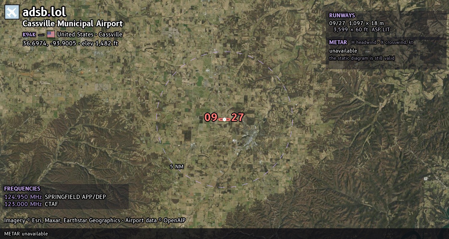 Satellite map with the runway layout of Cassville Municipal Airport (K94K)