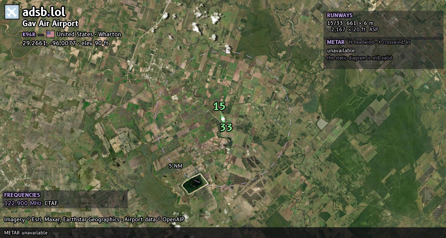 Satellite map with the runway layout of Gav Air Airport (K94R)