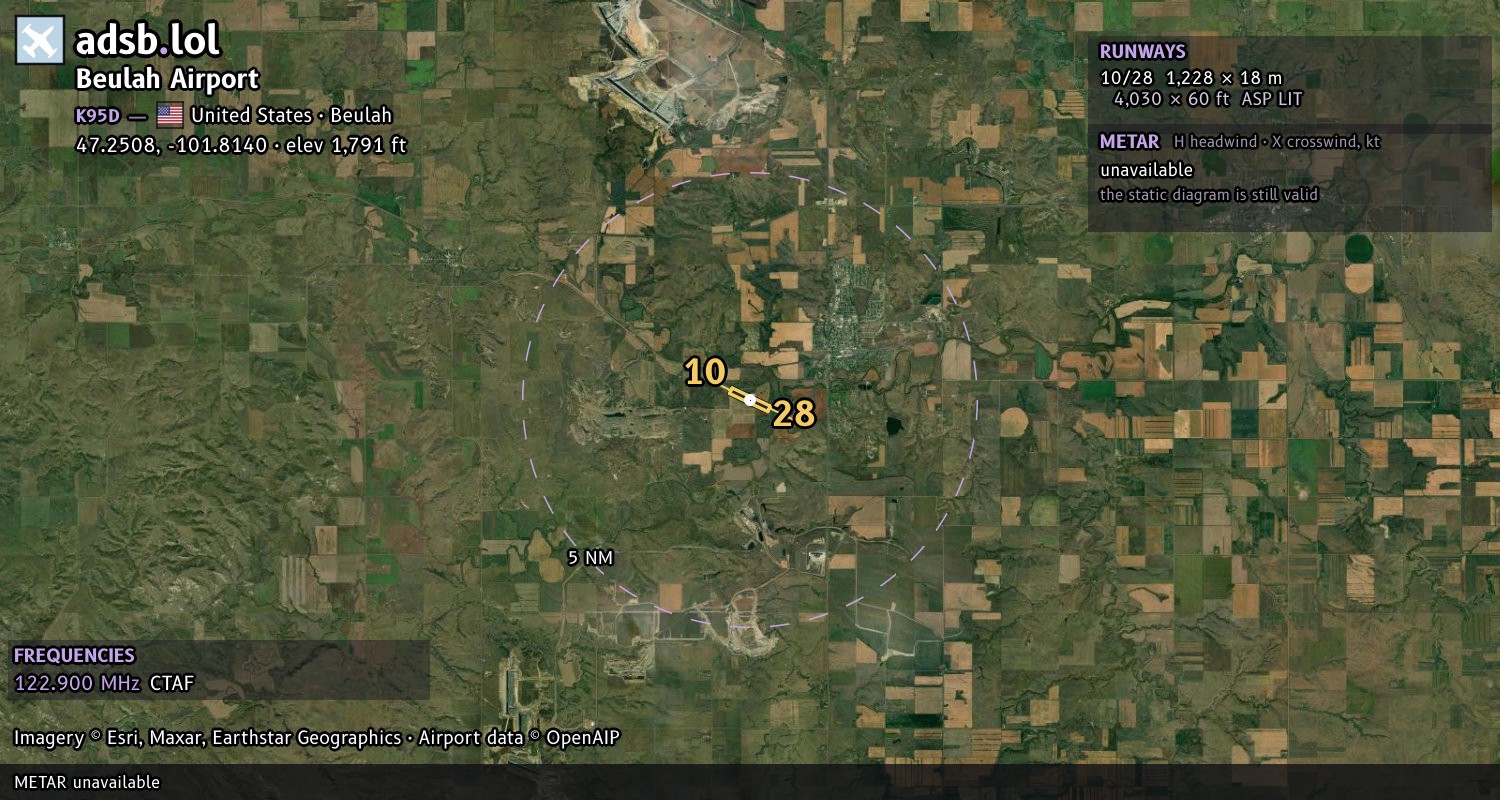Satellite map with the runway layout of Beulah Airport (K95D)