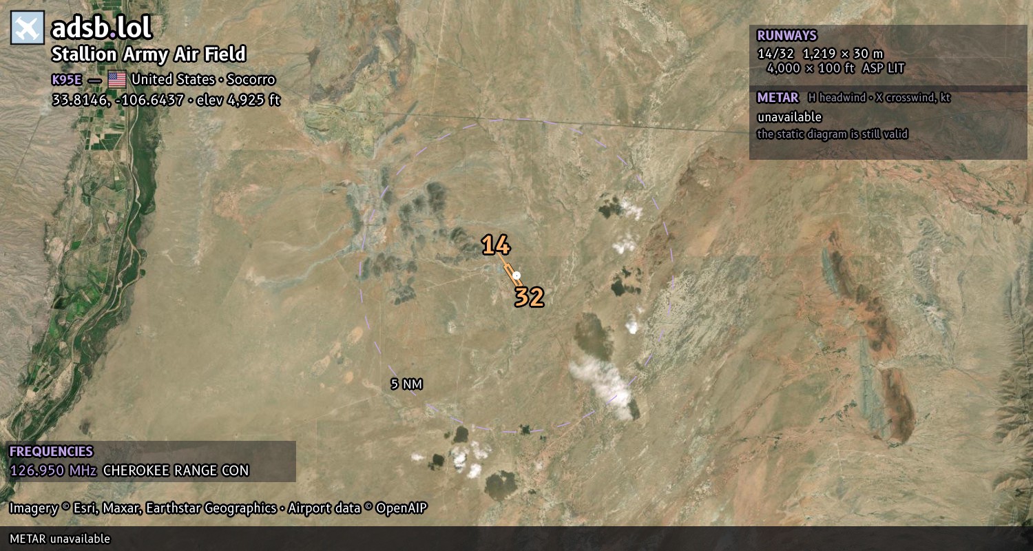 Satellite map with the runway layout of Stallion Army Air Field (K95E)