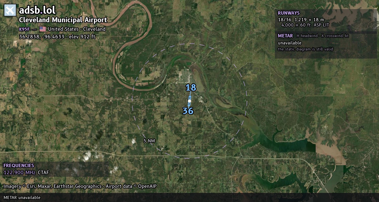Satellite map with the runway layout of Cleveland Municipal Airport (K95F)