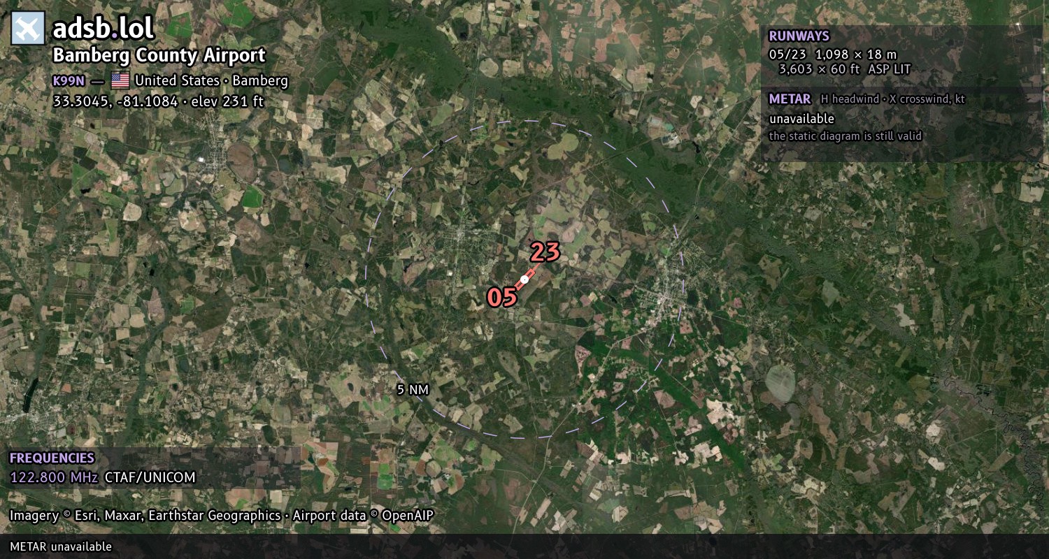 Satellite map with the runway layout of Bamberg County Airport (K99N)