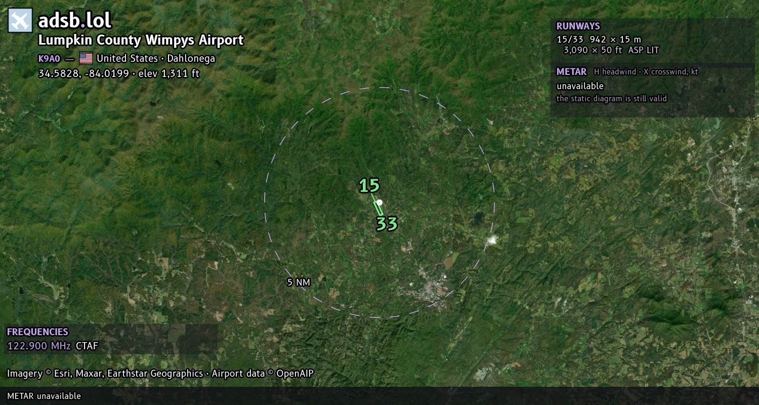 Satellite map with the runway layout of Lumpkin County Wimpys Airport (K9A0)
