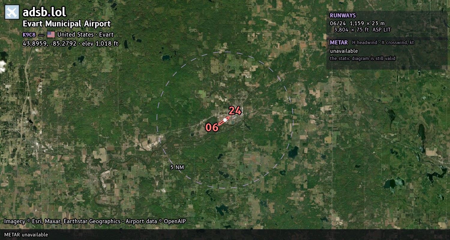 Satellite map with the runway layout of Evart Municipal Airport (K9C8)