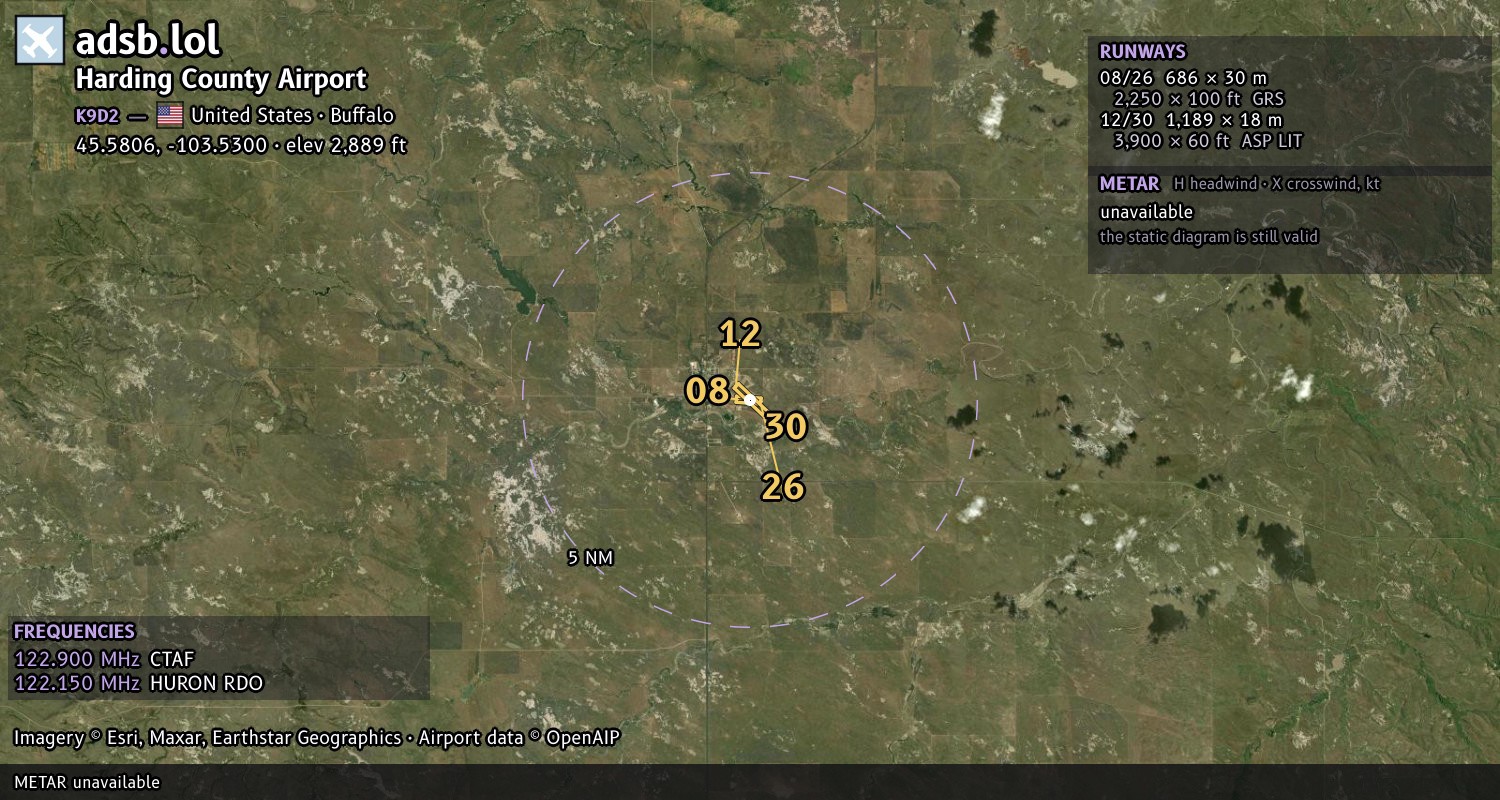 Satellite map with the runway layout of Harding County Airport (K9D2)