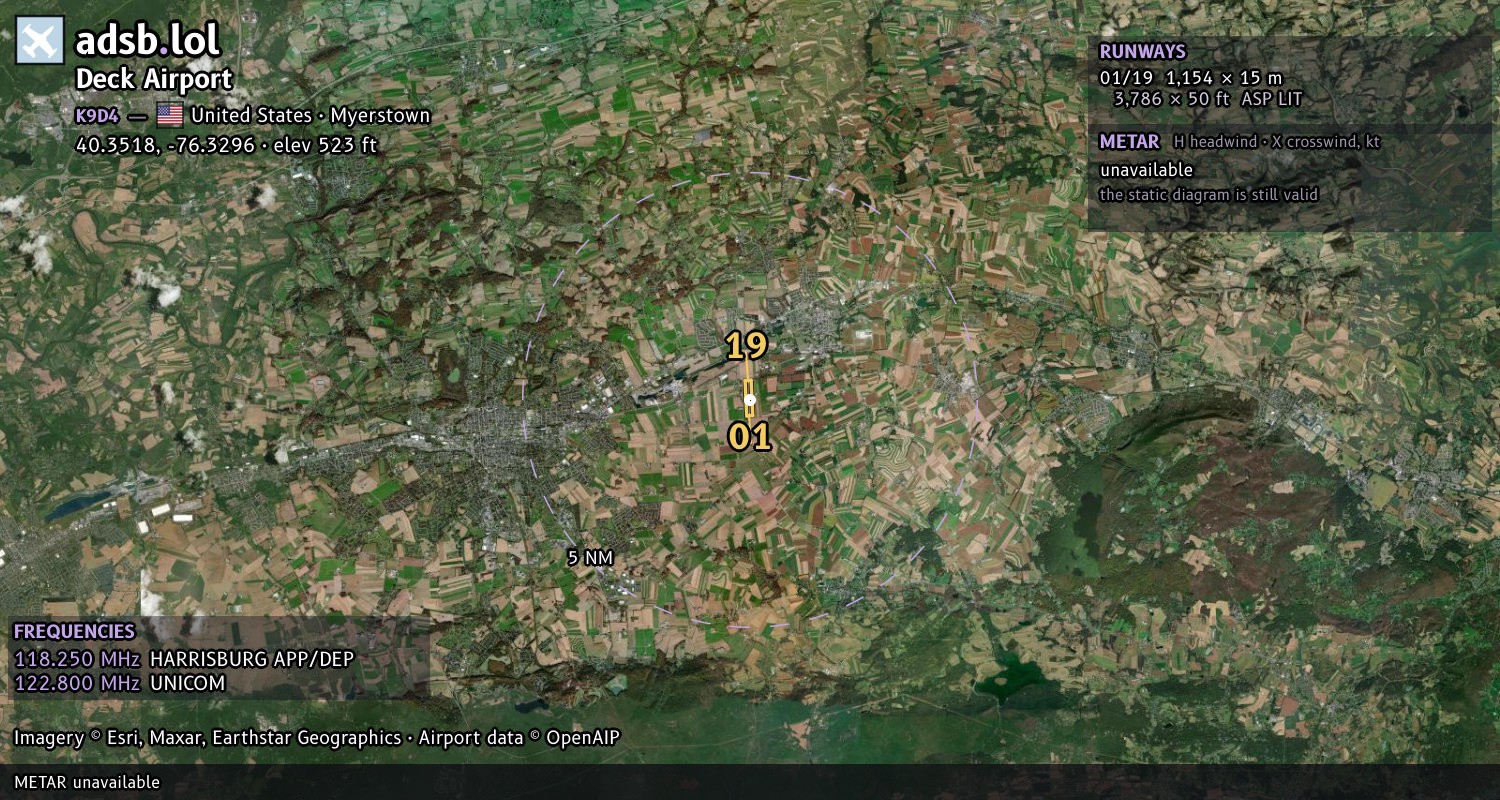 Satellite map with the runway layout of Deck Airport (K9D4)