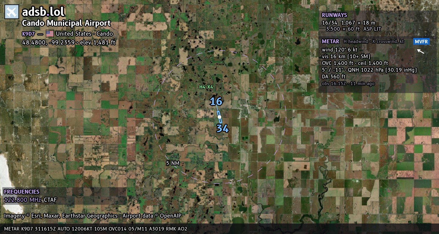 Satellite map with the runway layout of Cando Municipal Airport (K9D7)