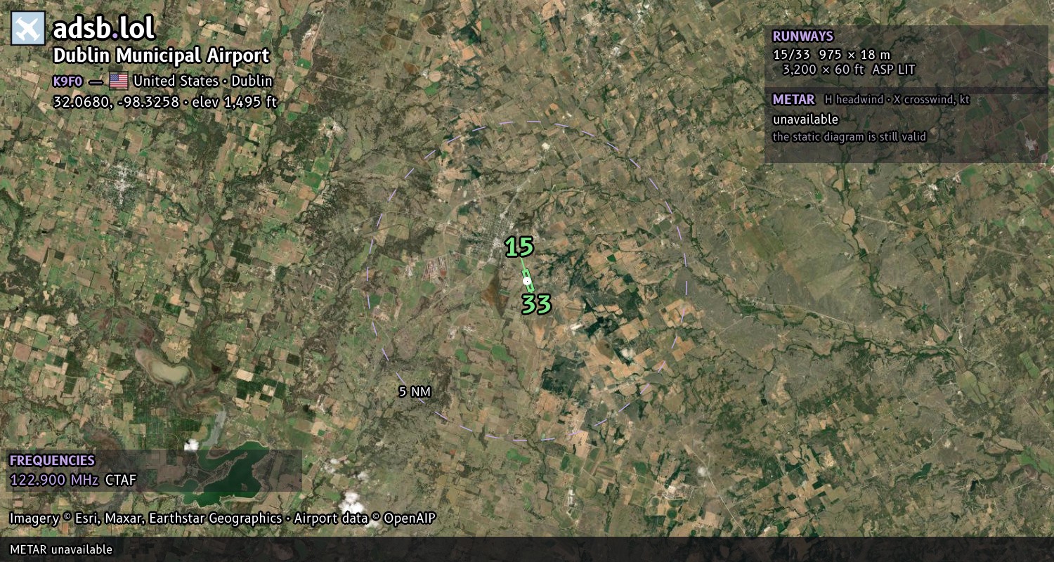 Satellite map with the runway layout of Dublin Municipal Airport (K9F0)