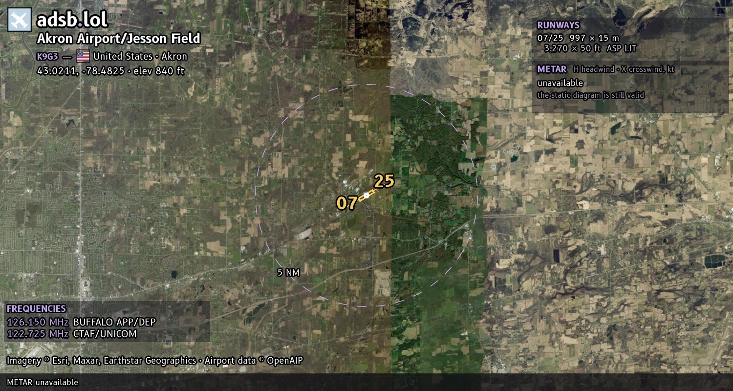 Satellite map with the runway layout of Akron Airport/Jesson Field (K9G3)