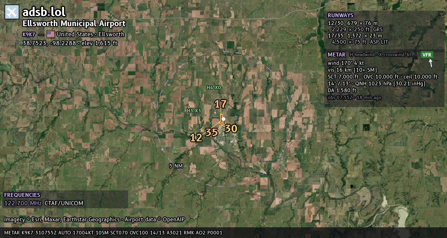 Satellite map with the runway layout of Ellsworth Municipal Airport (K9K7)