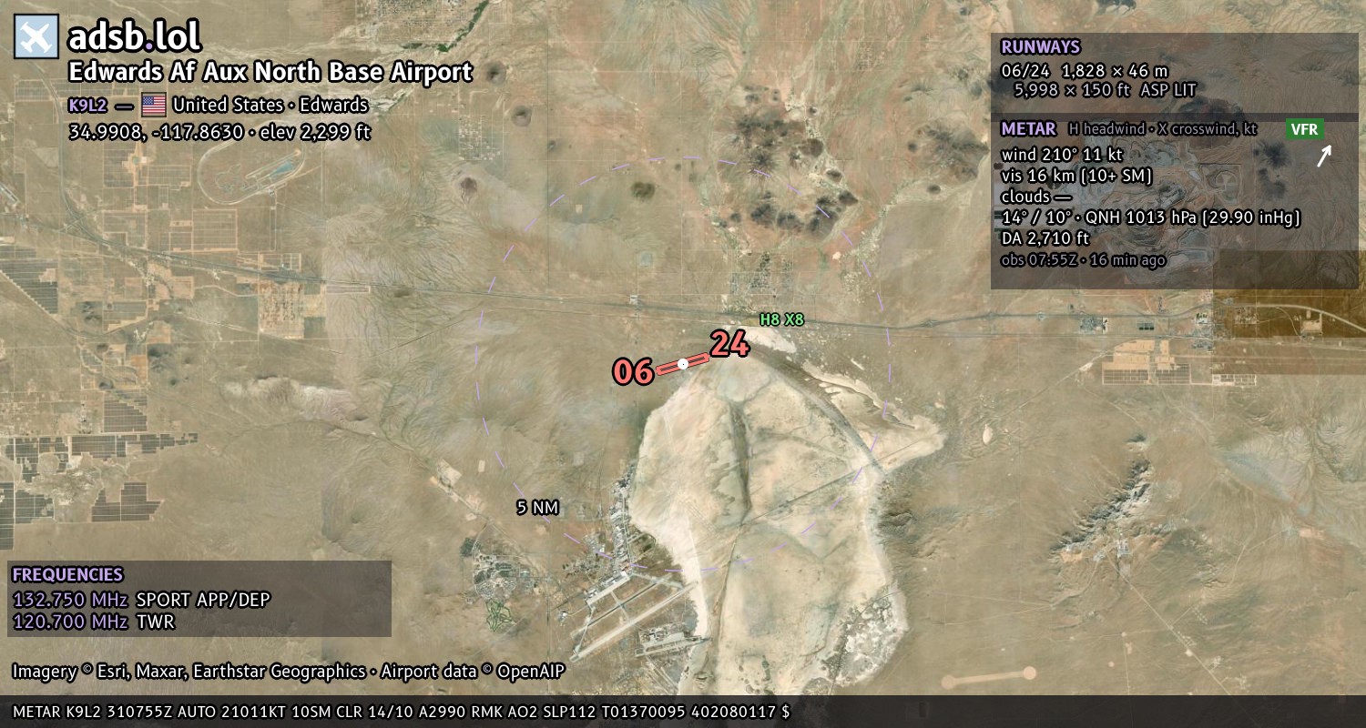 Satellite map with the runway layout of Edwards Af Aux North Base Airport (K9L2)