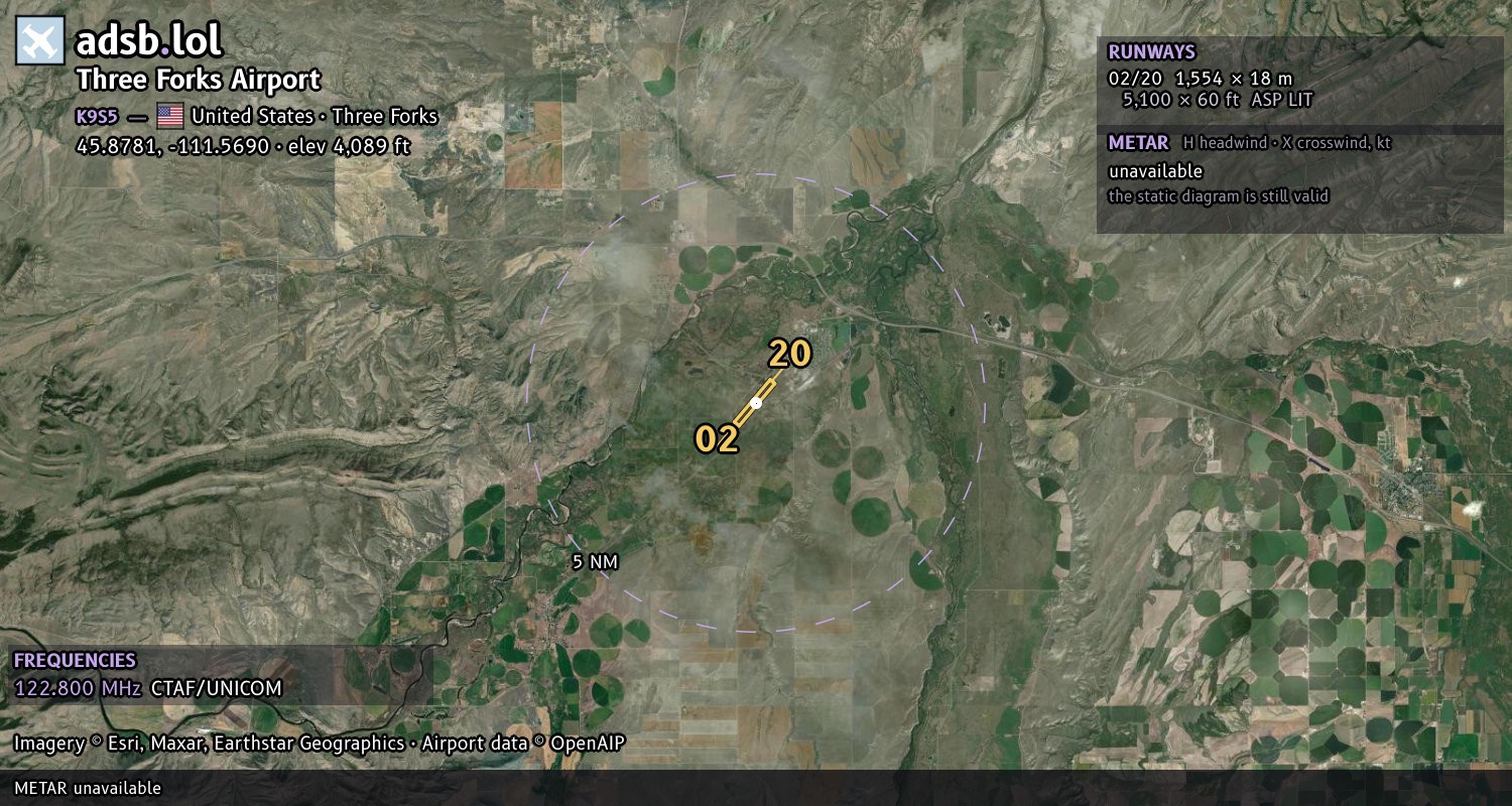 Satellite map with the runway layout of Three Forks Airport (K9S5)