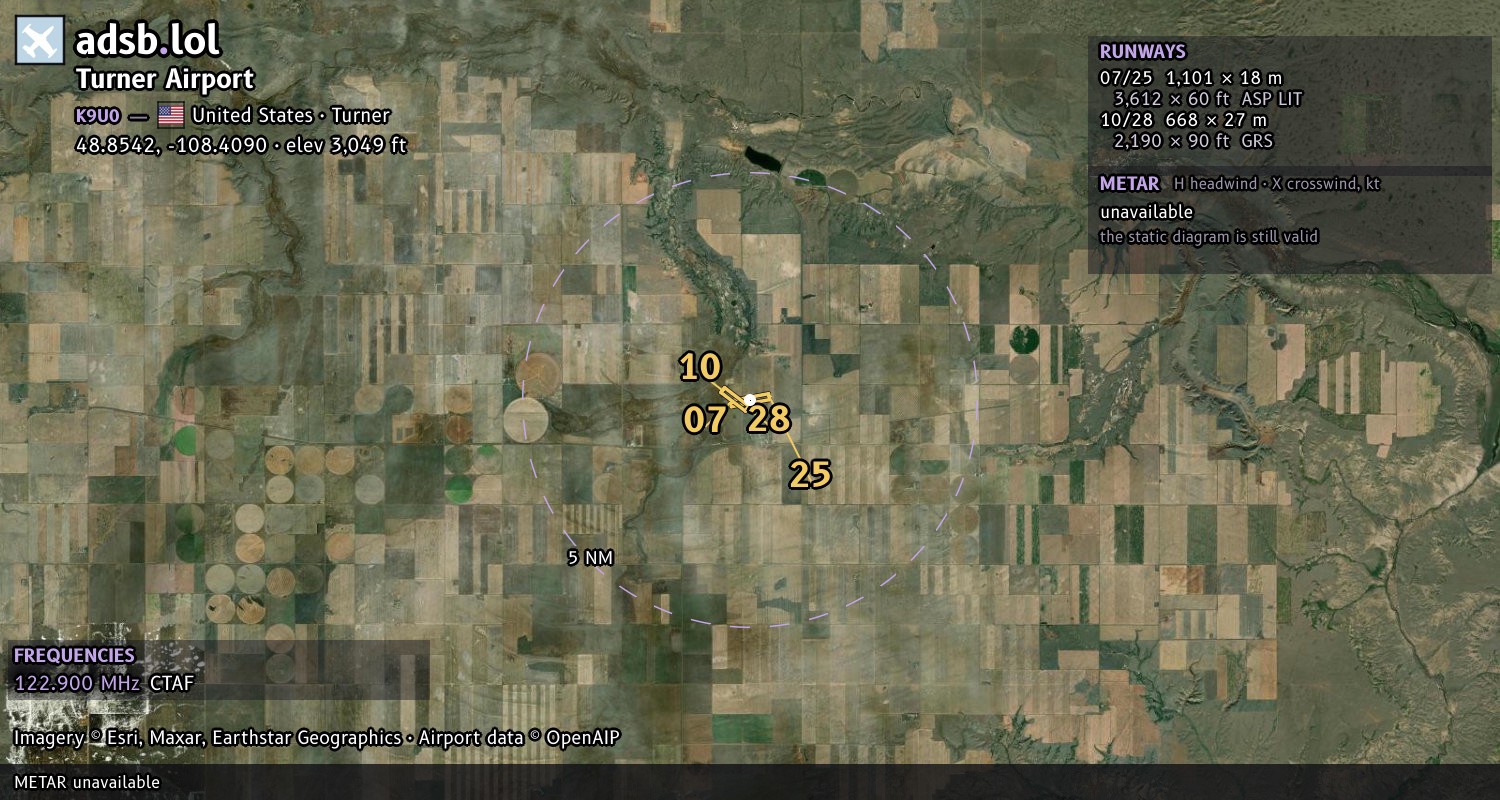 Satellite map with the runway layout of Turner Airport (K9U0)