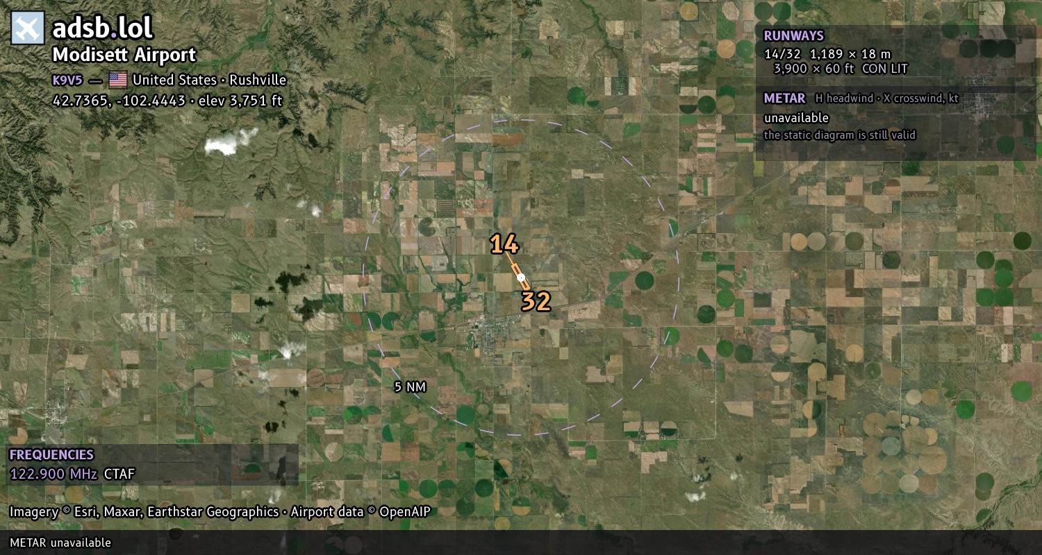 Satellite map with the runway layout of Modisett Airport (K9V5)