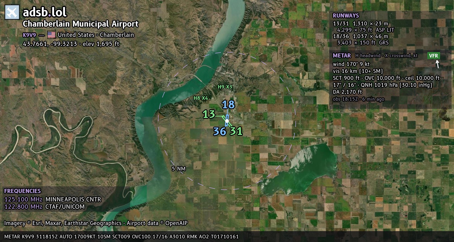 Satellite map with the runway layout of Chamberlain Municipal Airport (K9V9)
