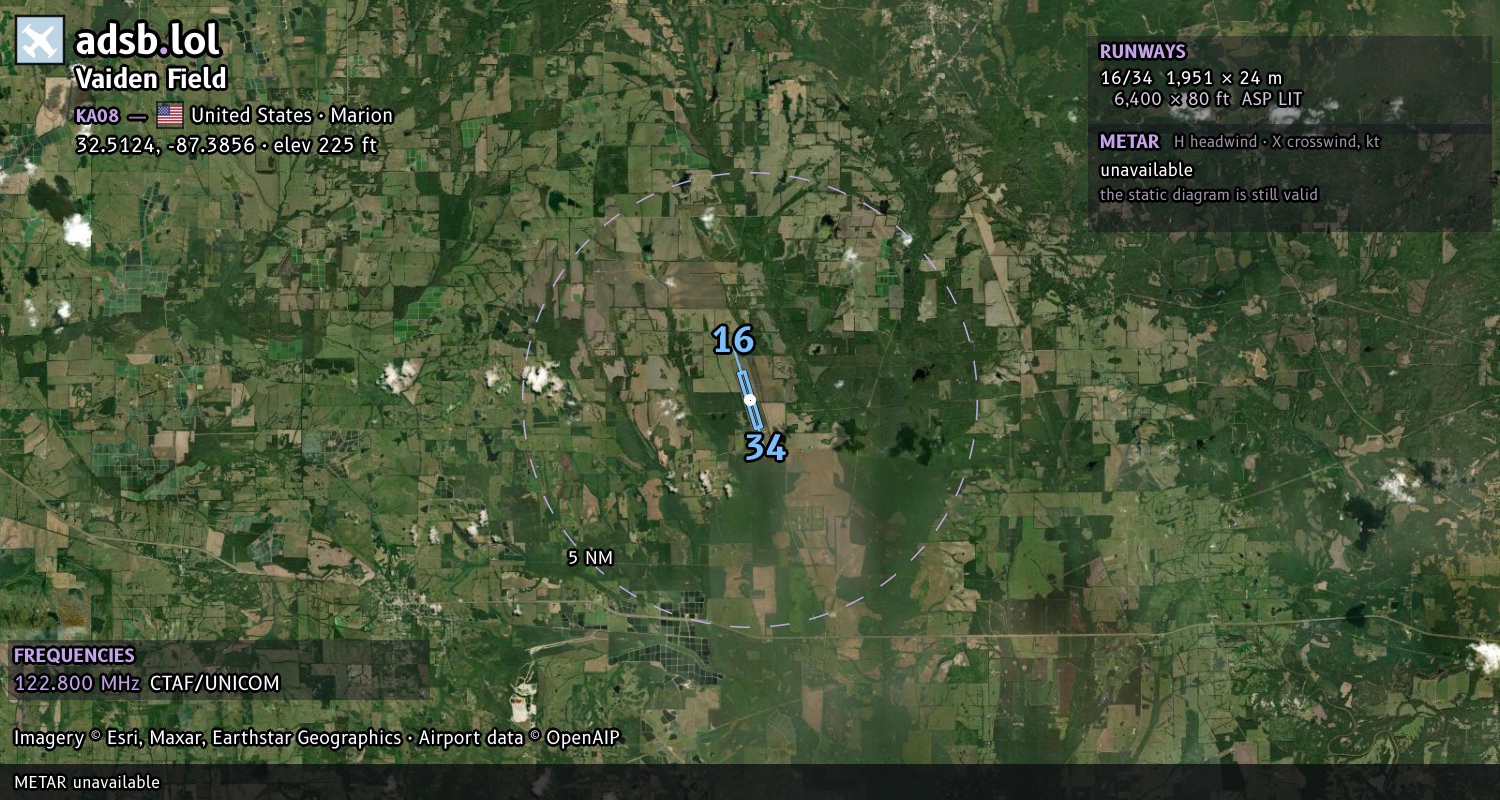 Satellite map with the runway layout of Vaiden Field (KA08)