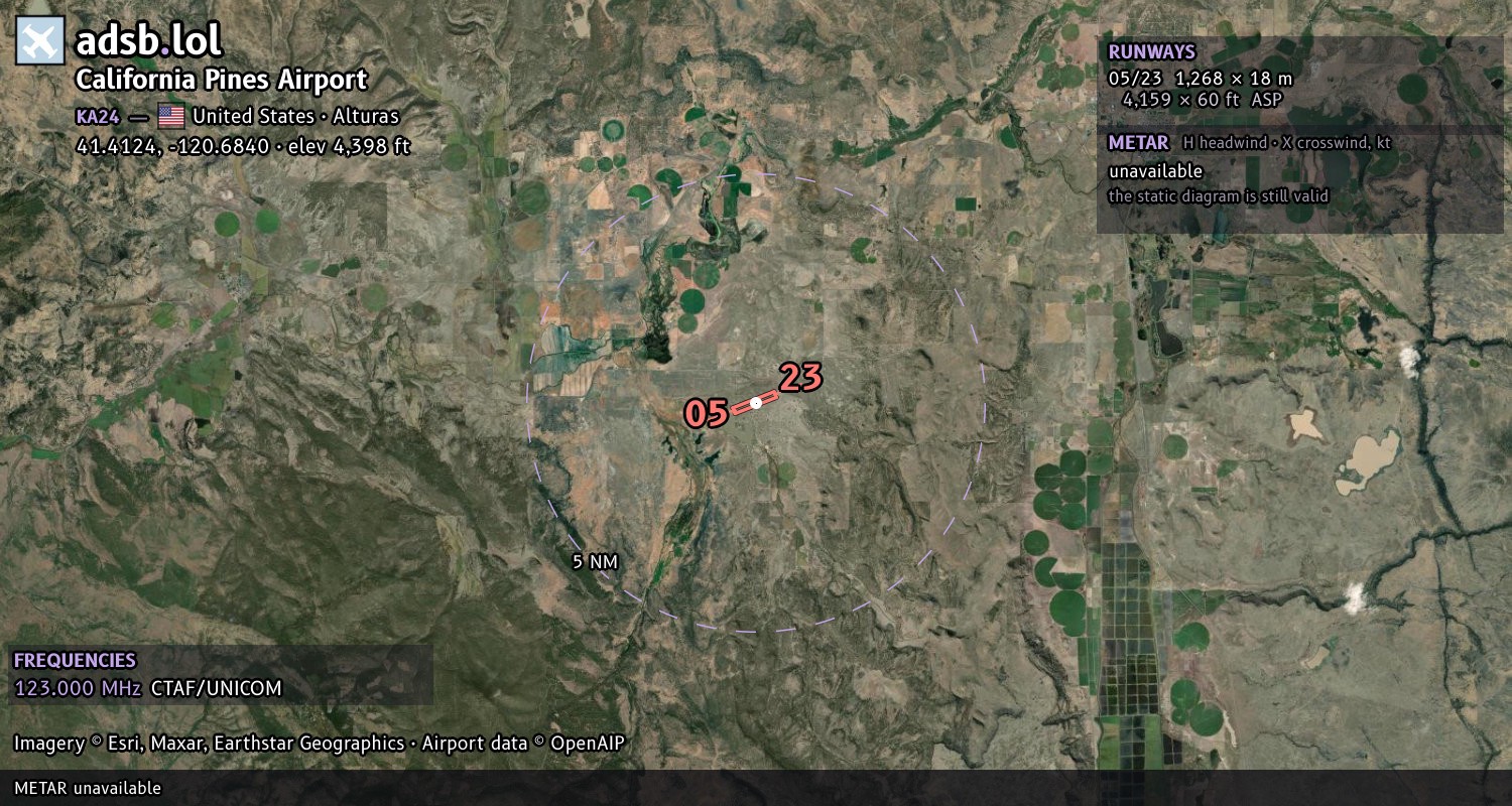 Satellite map with the runway layout of California Pines Airport (KA24)