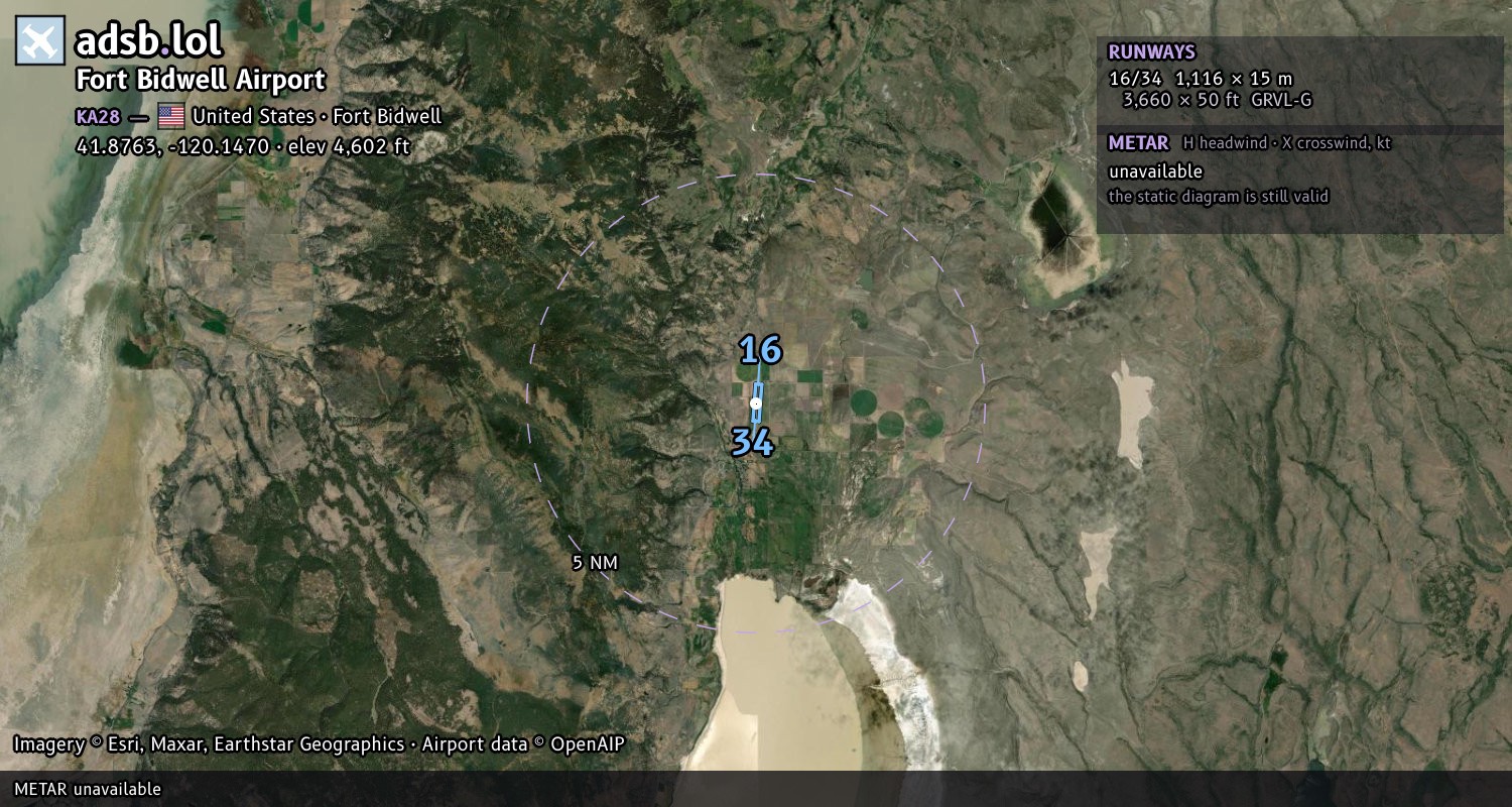 Satellite map with the runway layout of Fort Bidwell Airport (KA28)