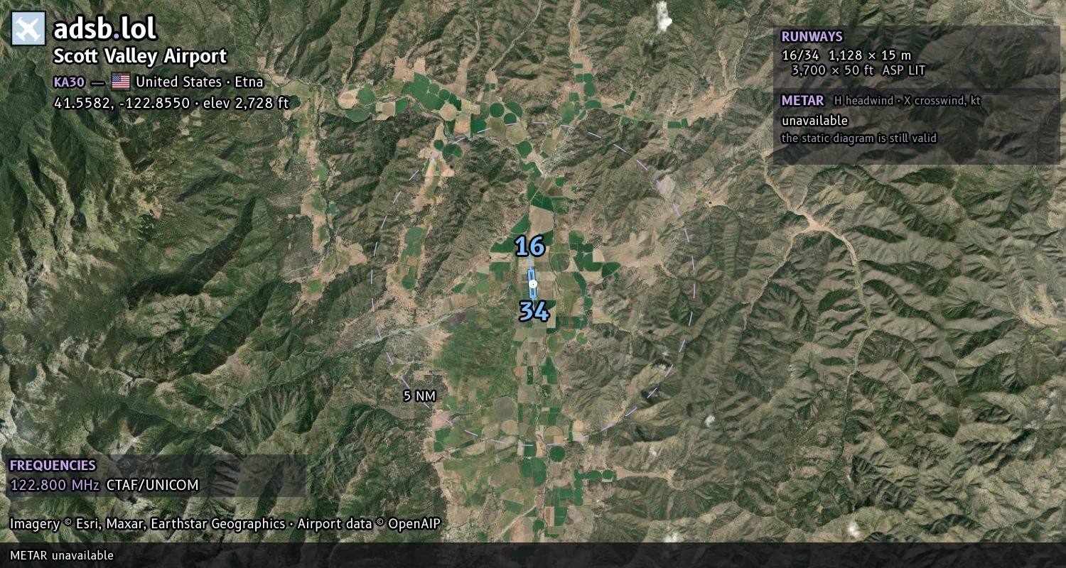 Satellite map with the runway layout of Scott Valley Airport (KA30)