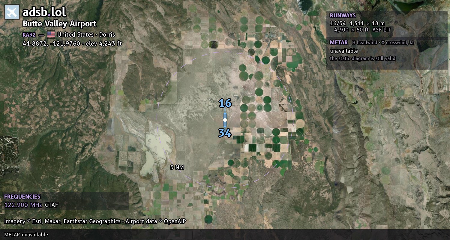 Satellite map with the runway layout of Butte Valley Airport (KA32)