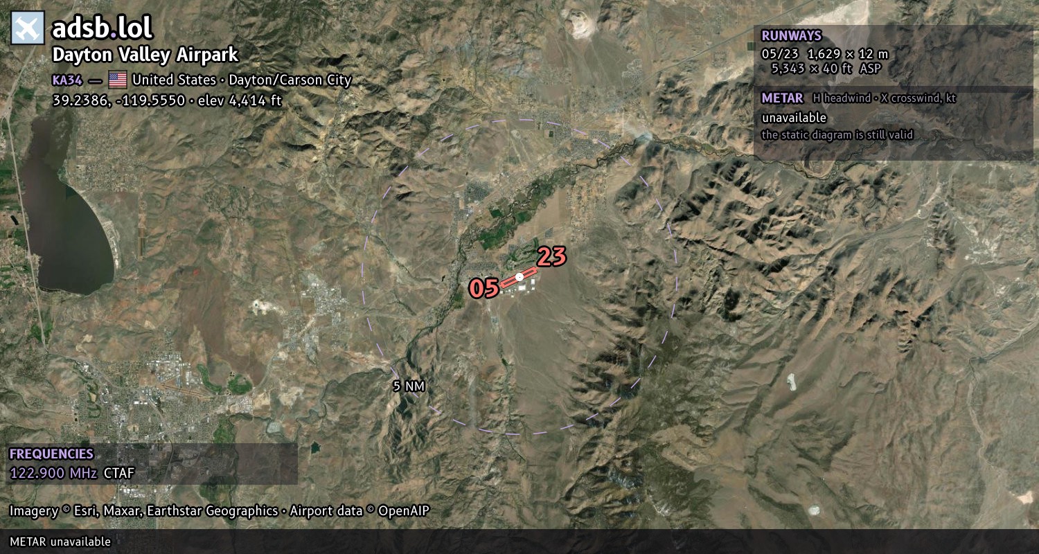 Satellite map with the runway layout of Dayton Valley Airpark (KA34)
