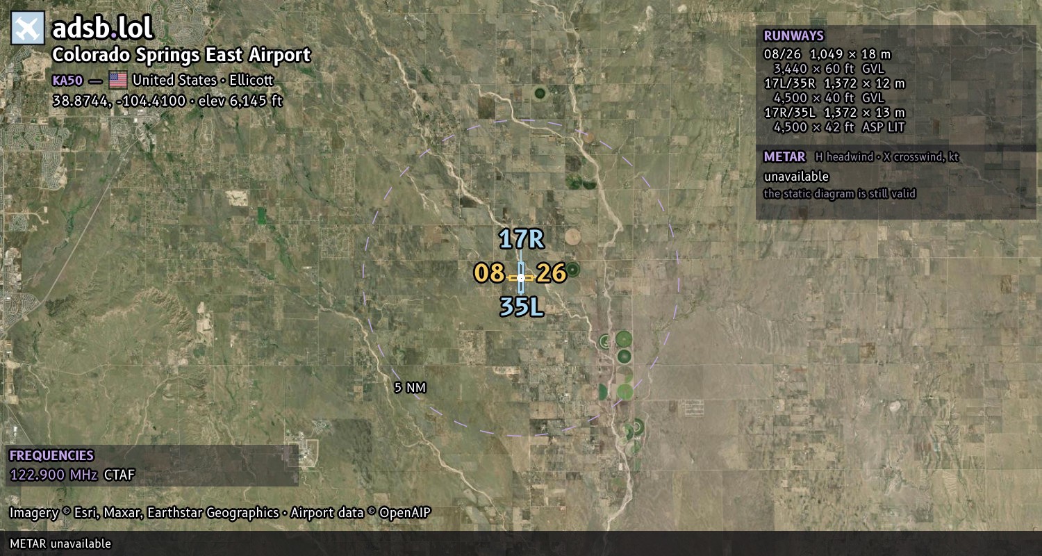 Satellite map with the runway layout of Colorado Springs East Airport (KA50)