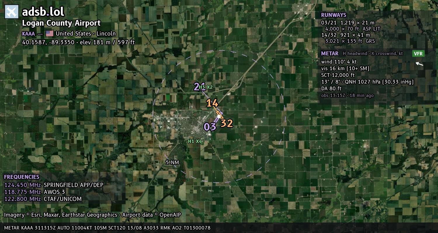 Satellite map with the runway layout of Logan County Airport (KAAA)