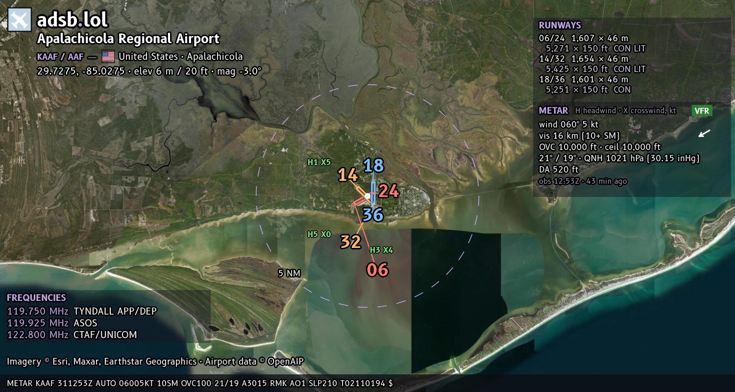 Satellite map with the runway layout of Apalachicola Regional Airport (KAAF)