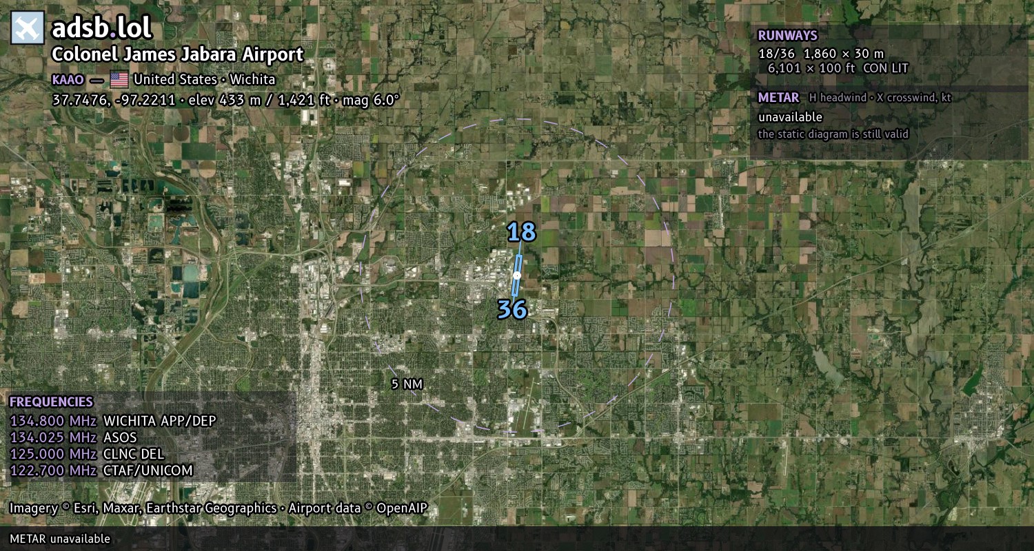 Satellite map with the runway layout of Colonel James Jabara Airport (KAAO)