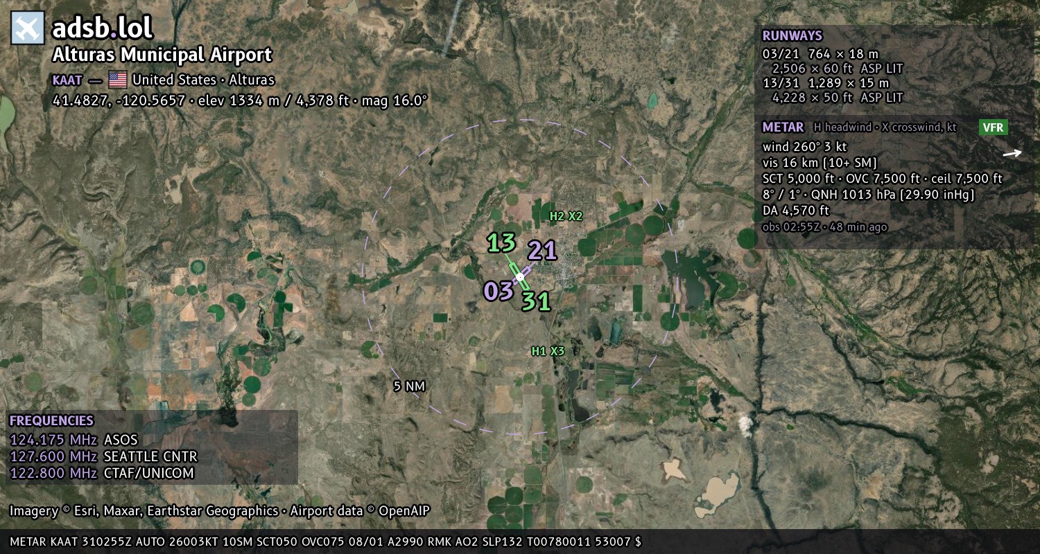Satellite map with the runway layout of Alturas Municipal Airport (KAAT)