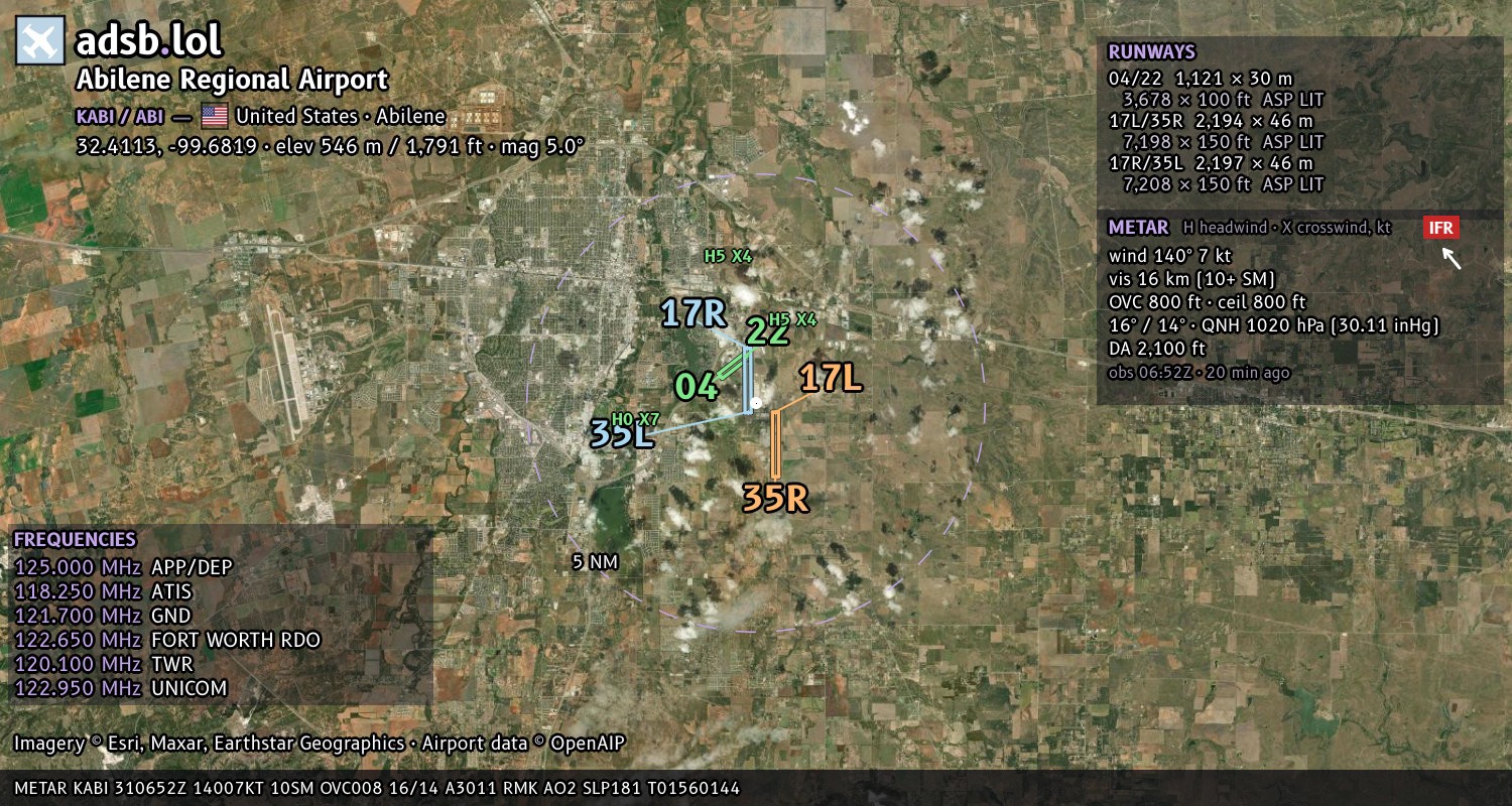 Satellite map with the runway layout of Abilene Regional Airport (KABI)