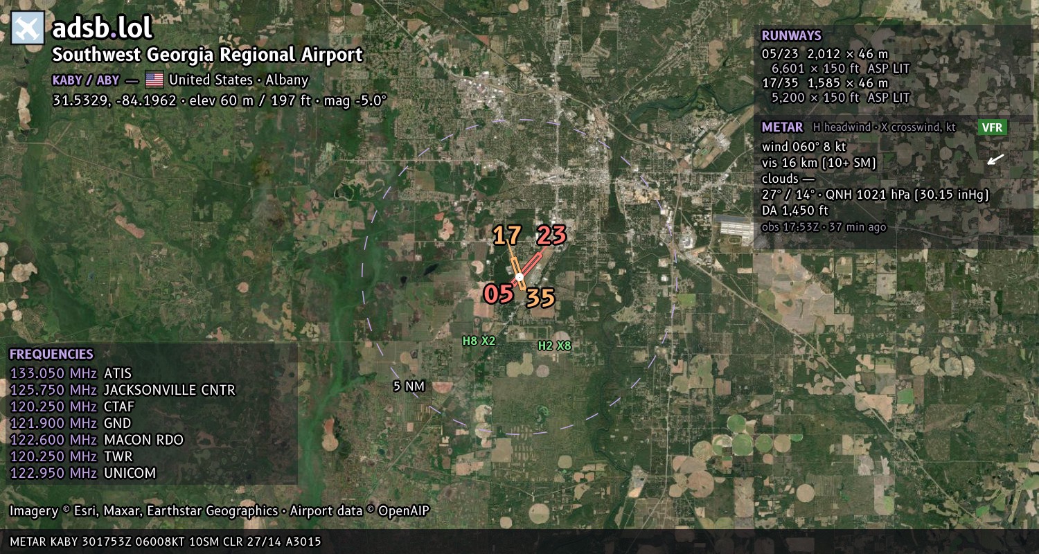 Satellite map with the runway layout of Southwest Georgia Regional Airport (KABY)