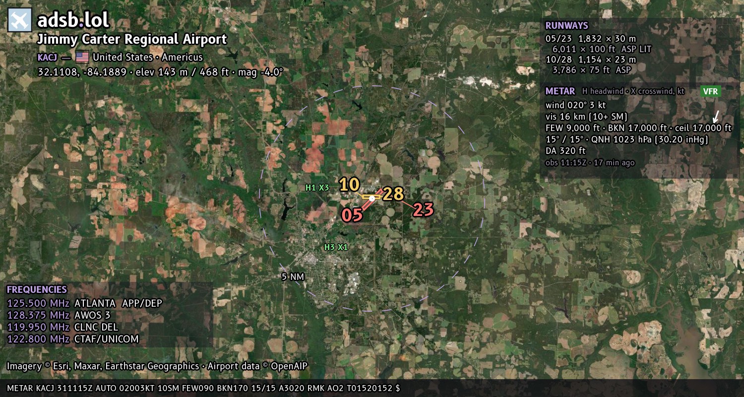 Satellite map with the runway layout of Jimmy Carter Regional Airport (KACJ)