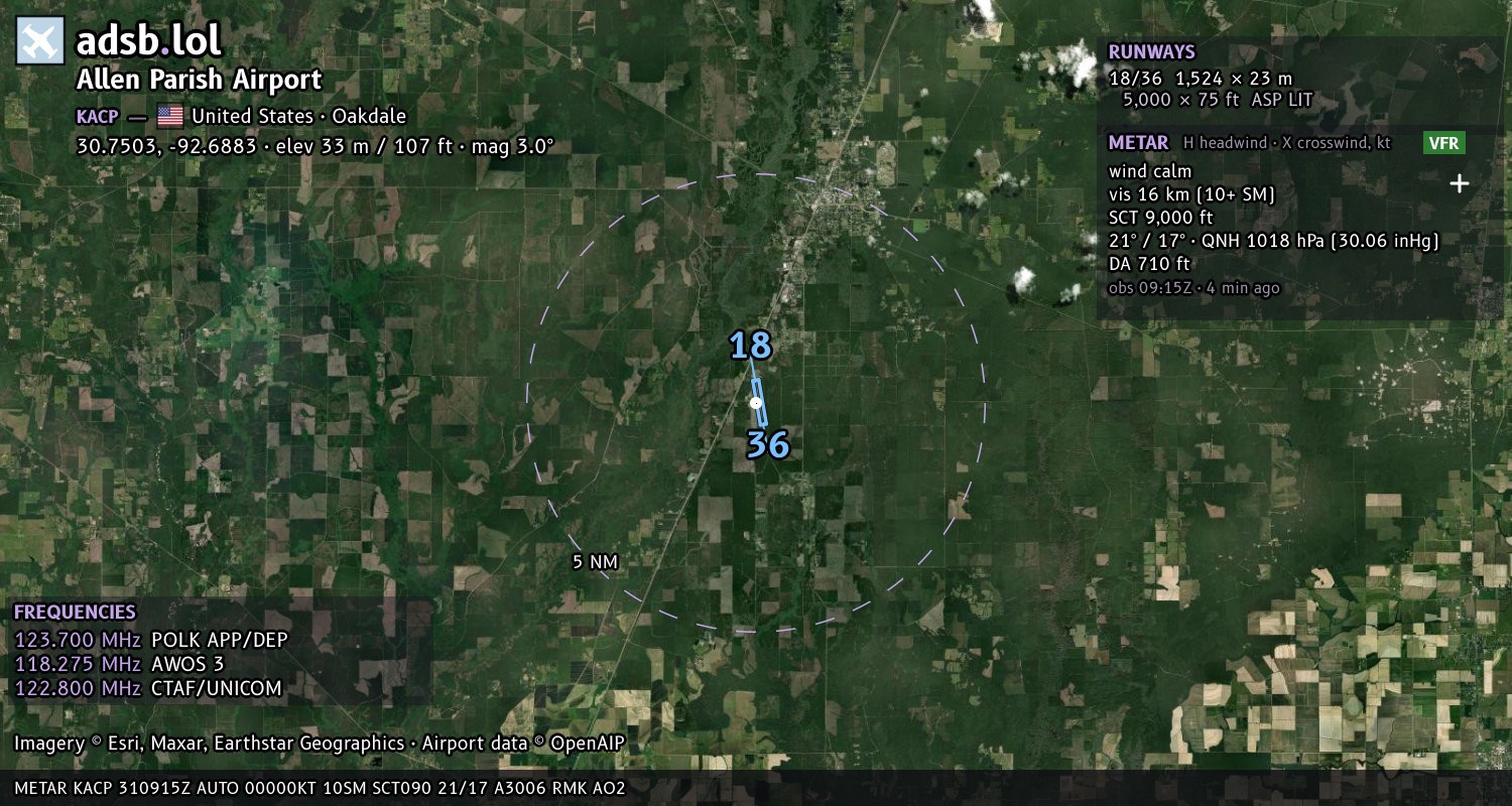 Satellite map with the runway layout of Allen Parish Airport (KACP)