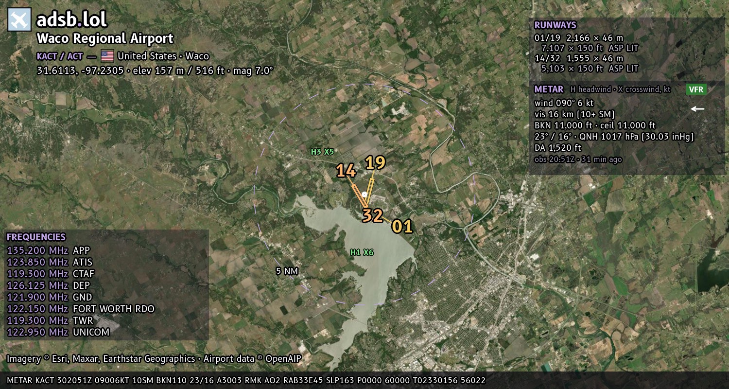 Satellite map with the runway layout of Waco Regional Airport (KACT)