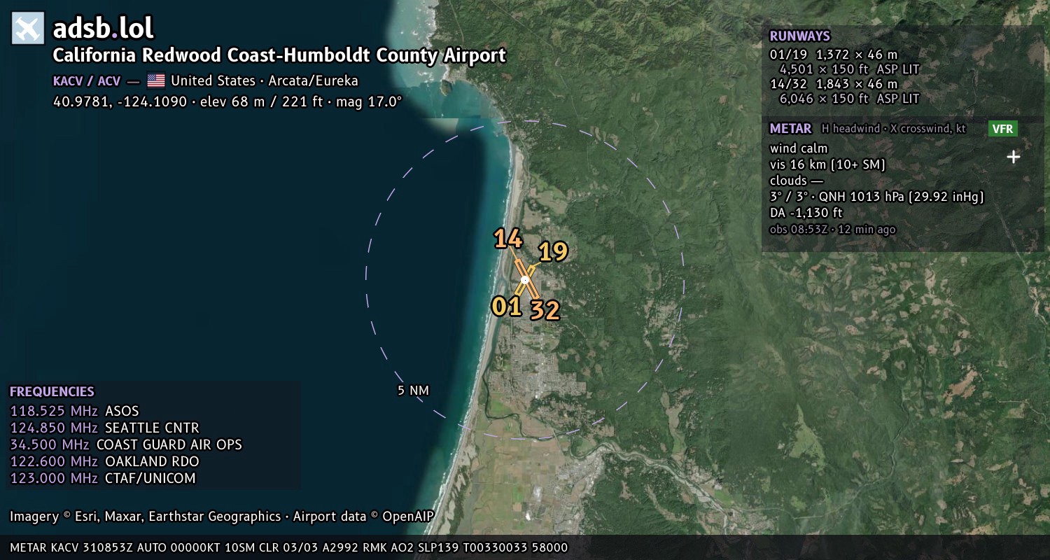 Satellite map with the runway layout of California Redwood Coast-Humboldt County Airport (KACV)