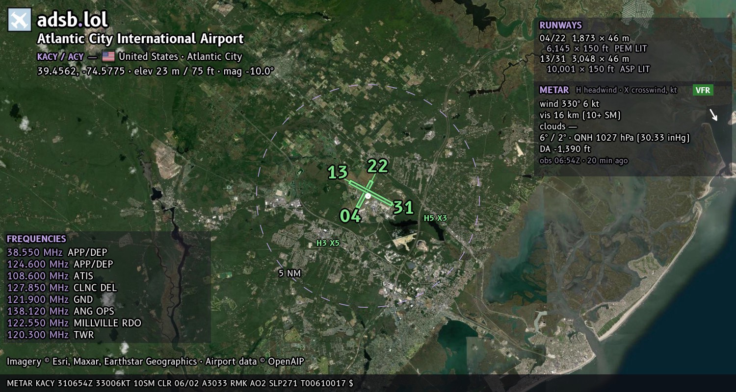 Satellite map with the runway layout of Atlantic City International Airport (KACY)