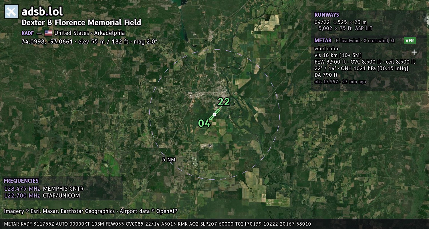 Satellite map with the runway layout of Dexter B Florence Memorial Field (KADF)
