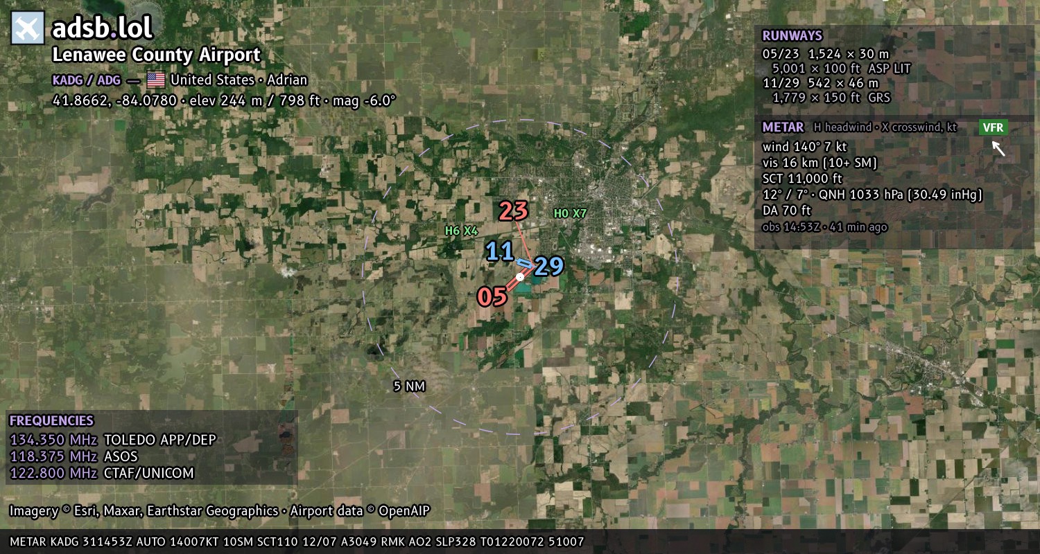 Satellite map with the runway layout of Lenawee County Airport (KADG)