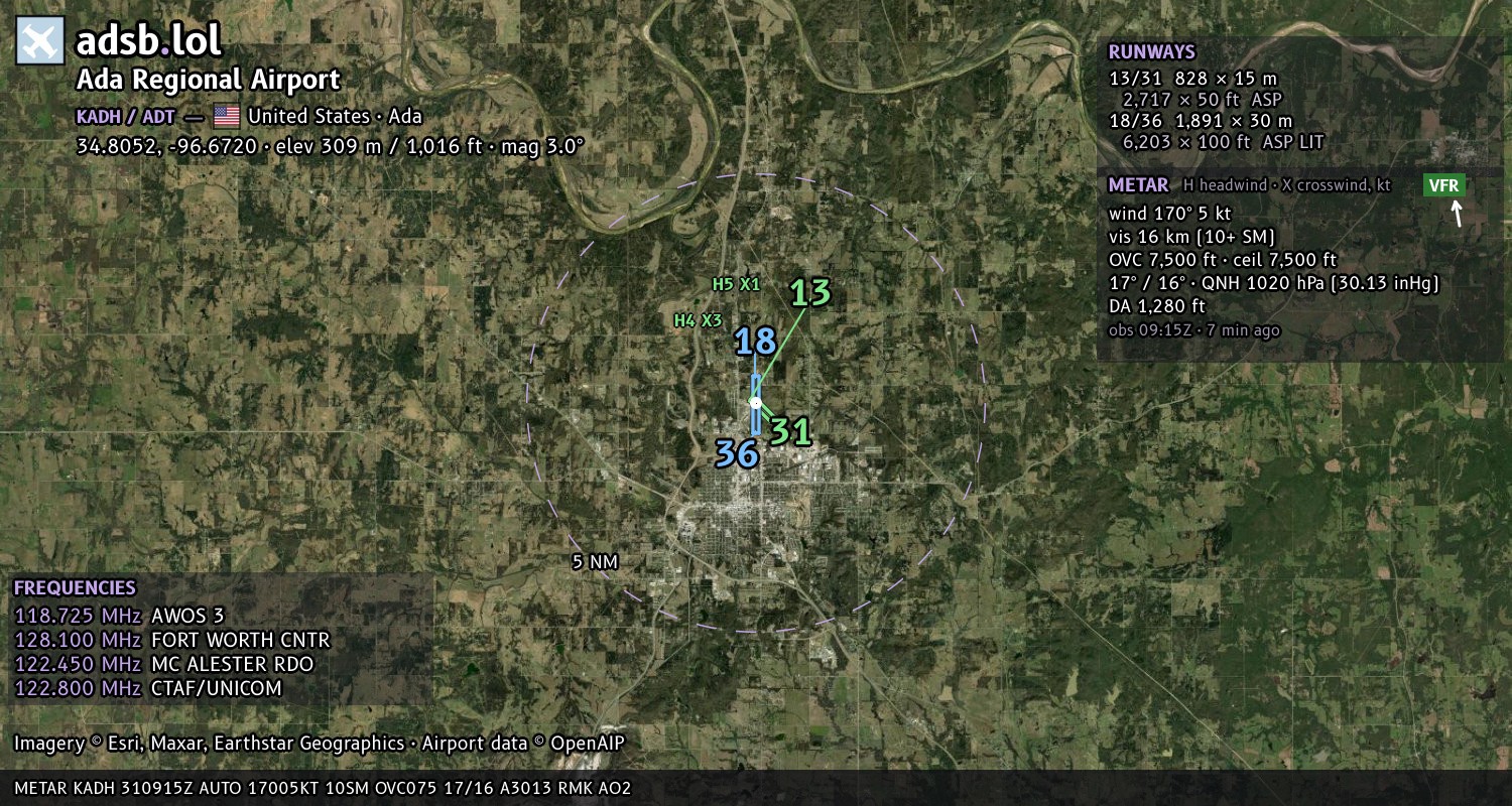 Satellite map with the runway layout of Ada Regional Airport (KADH)