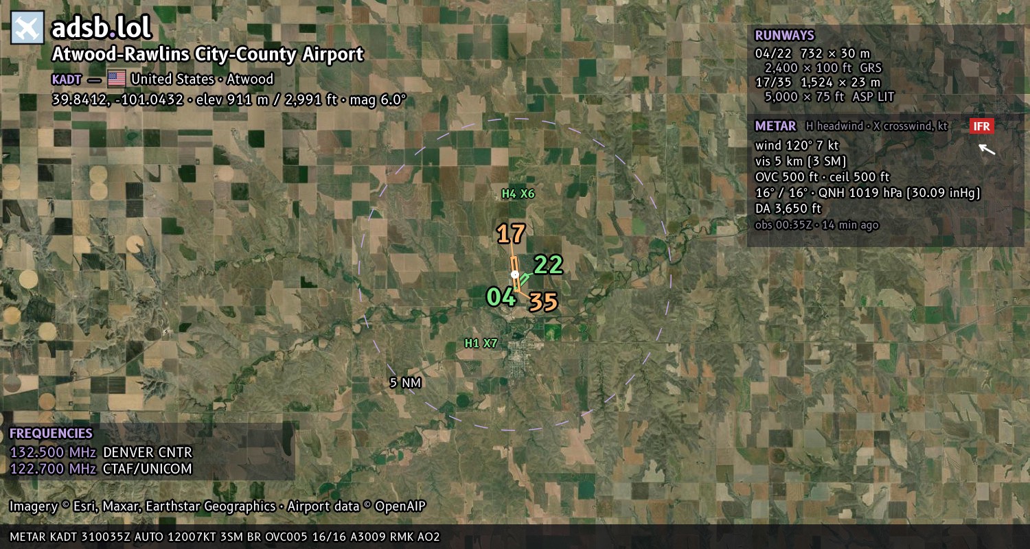 Satellite map with the runway layout of Atwood-Rawlins City-County Airport (KADT)