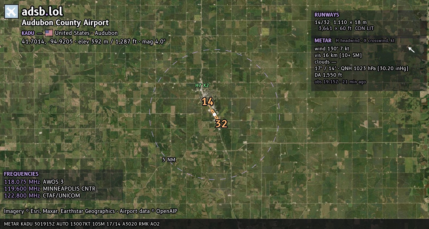 Satellite map with the runway layout of Audubon County Airport (KADU)