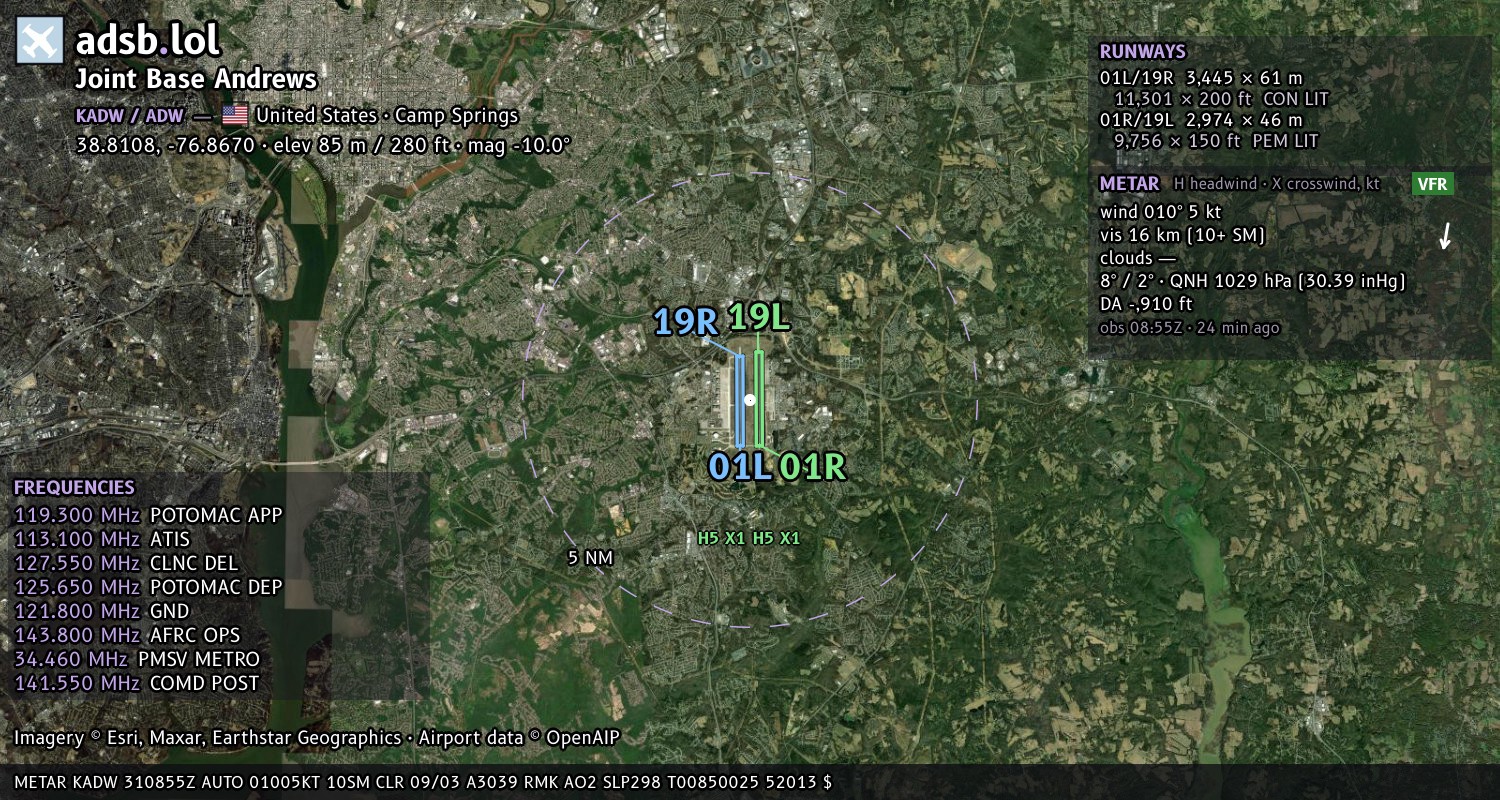 Satellite map with the runway layout of Joint Base Andrews (KADW)