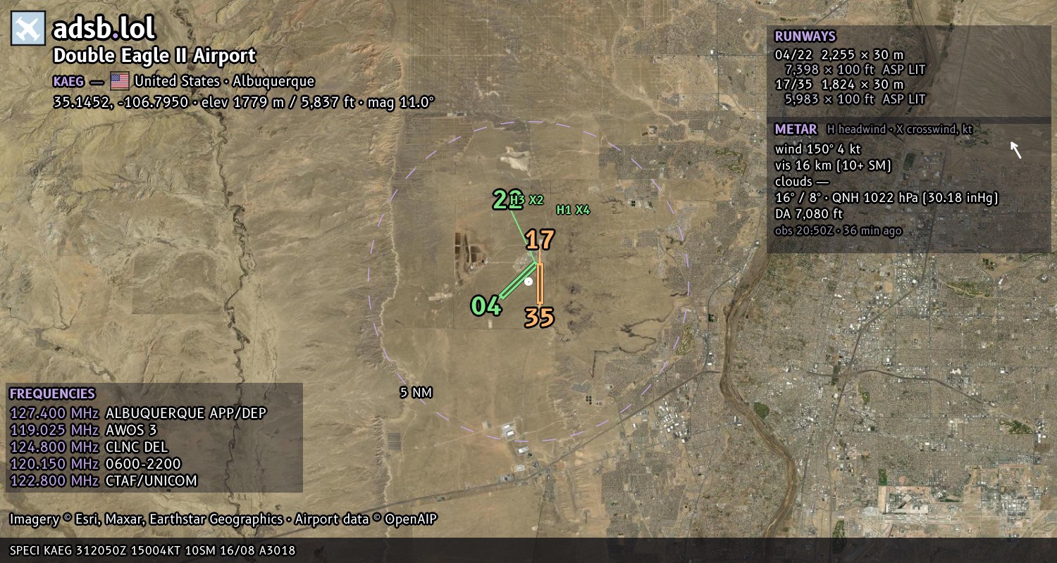 Satellite map with the runway layout of Double Eagle II Airport (KAEG)