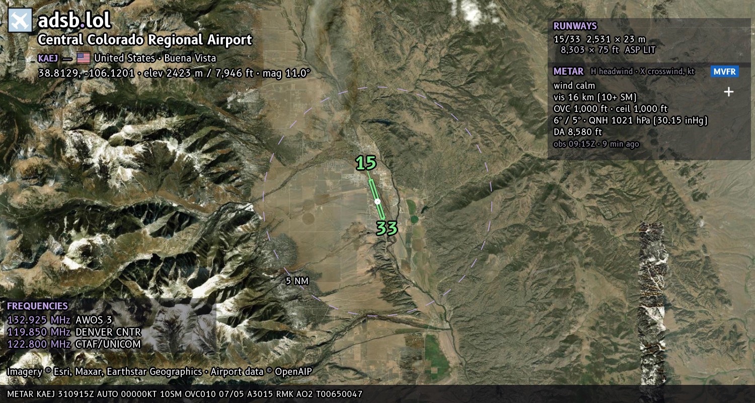 Satellite map with the runway layout of Central Colorado Regional Airport (KAEJ)