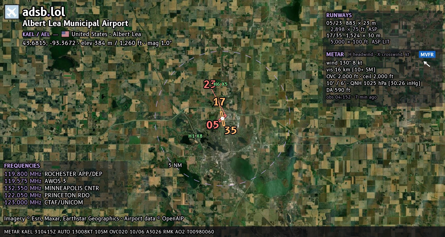 Satellite map with the runway layout of Albert Lea Municipal Airport (KAEL)