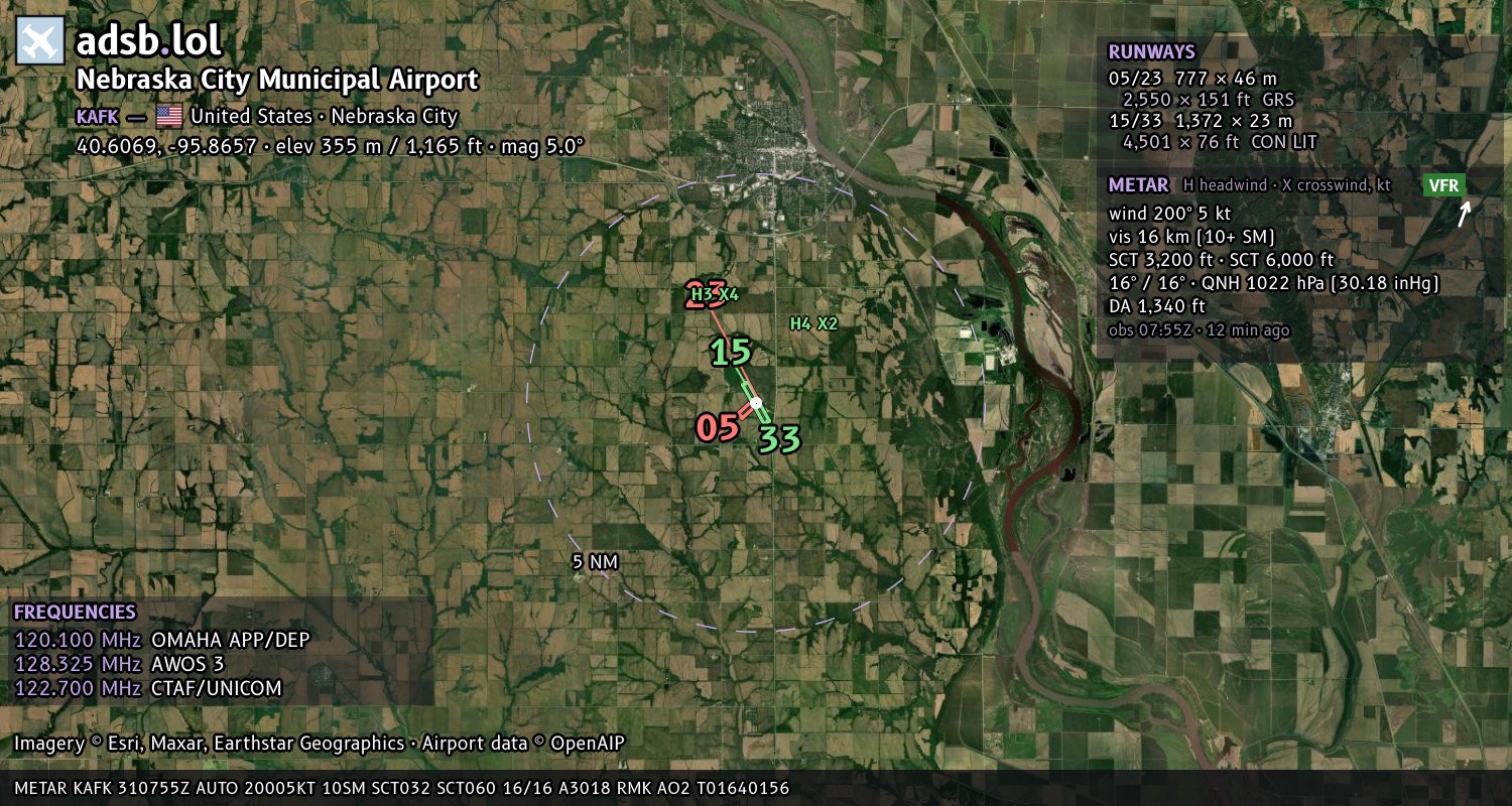 Satellite map with the runway layout of Nebraska City Municipal Airport (KAFK)