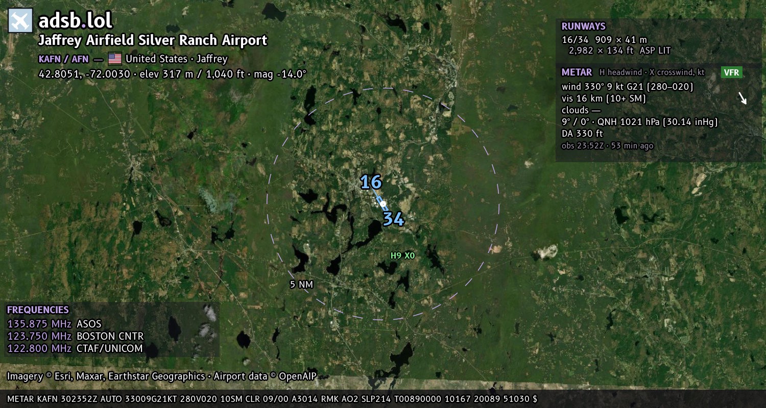Satellite map with the runway layout of Jaffrey Airfield Silver Ranch Airport (KAFN)