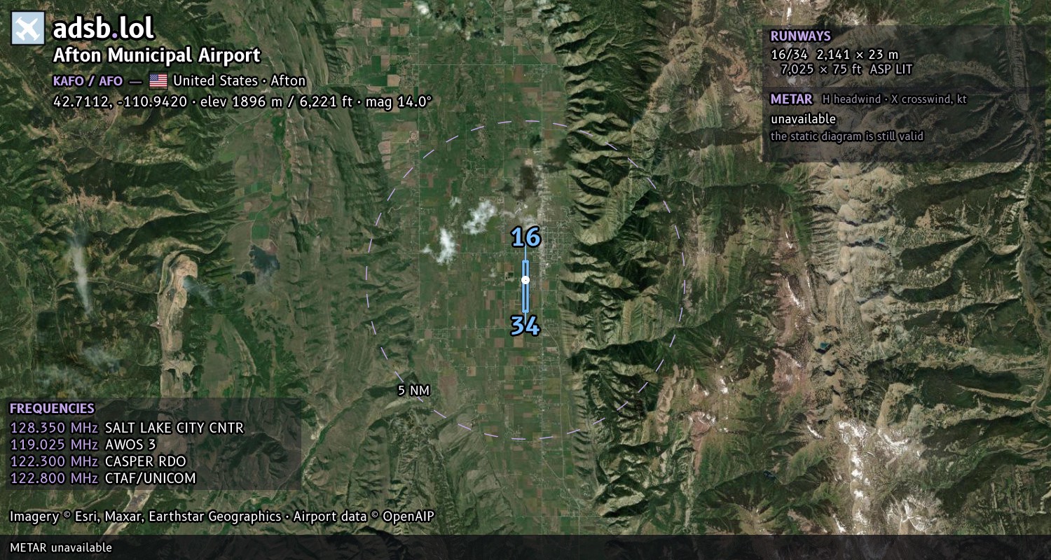 Satellite map with the runway layout of Afton Municipal Airport (KAFO)