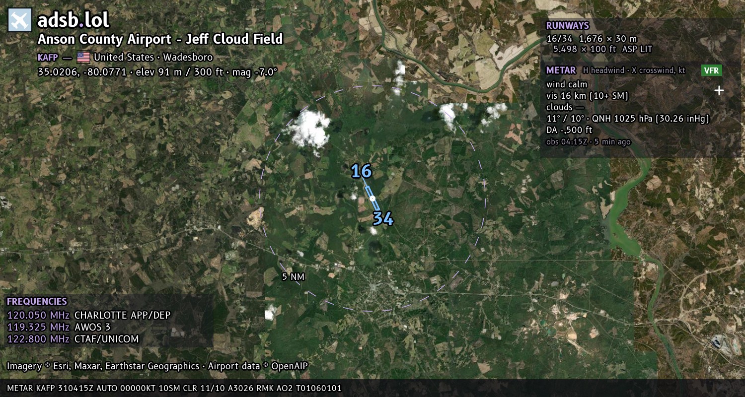 Satellite map with the runway layout of Anson County Airport - Jeff Cloud Field (KAFP)
